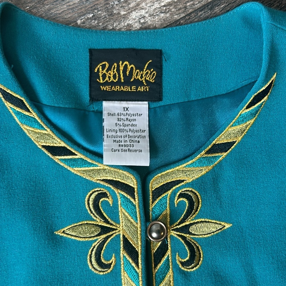 Bob Mackie Wearable Art Teal Embroidered Women's Jacket Fleur De Lis Size 1X - Picture 2 of 9